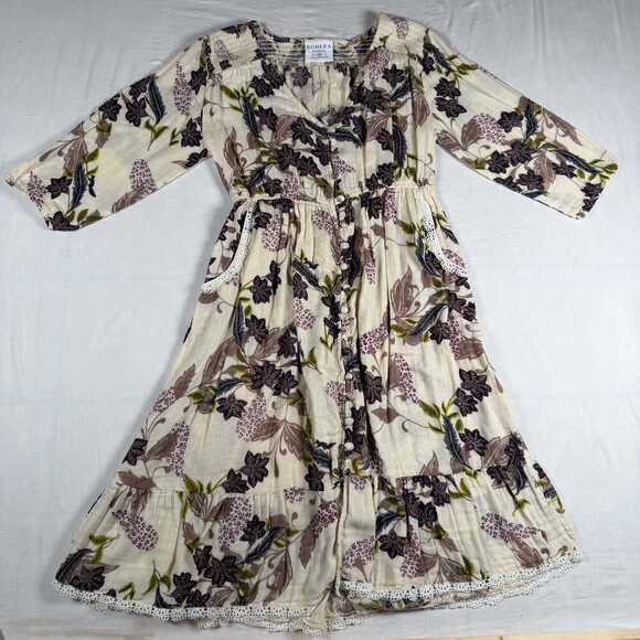 Bohera Dresses & Skirts - Boho Medium Cotton Floral Dress Button Front Lace Trim